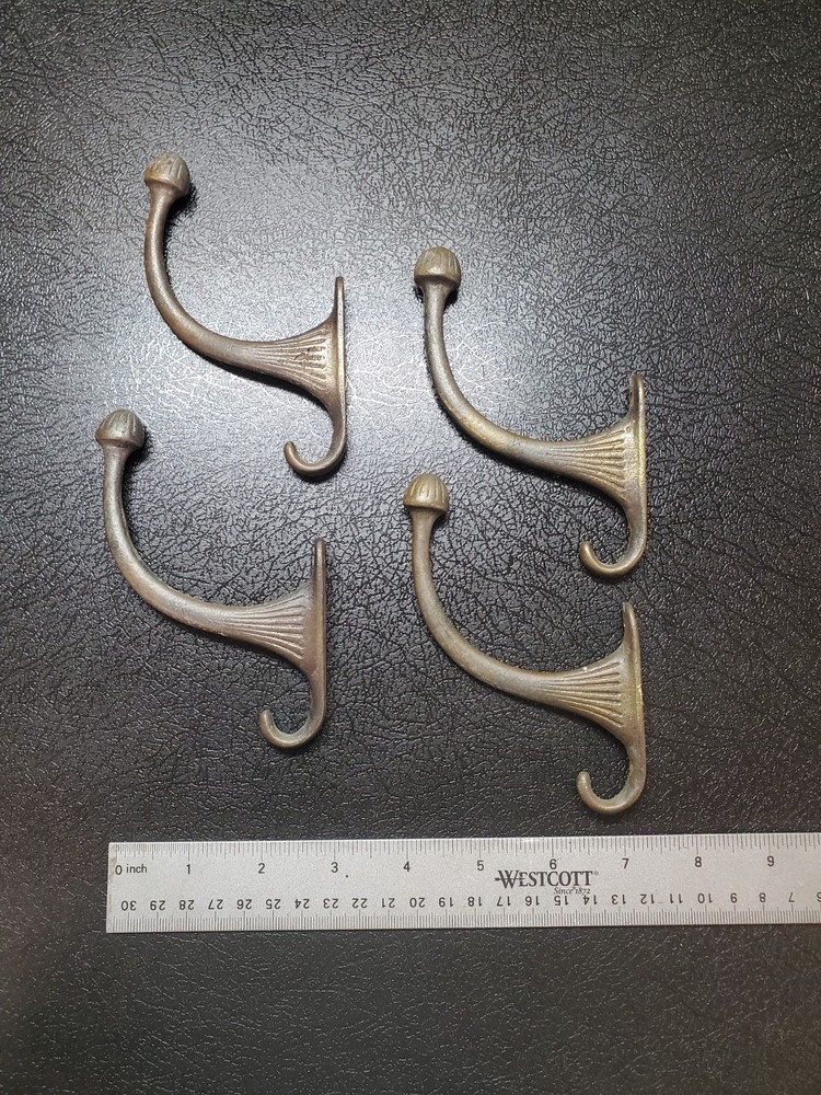4 Vintage Brass Double Wall/Hall Tree Coat Hooks