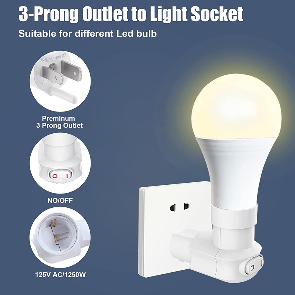 2Pcs 3-Prong Outlet to E26 E27 Plug in Light Bulb Socket with On/Off Switch Base