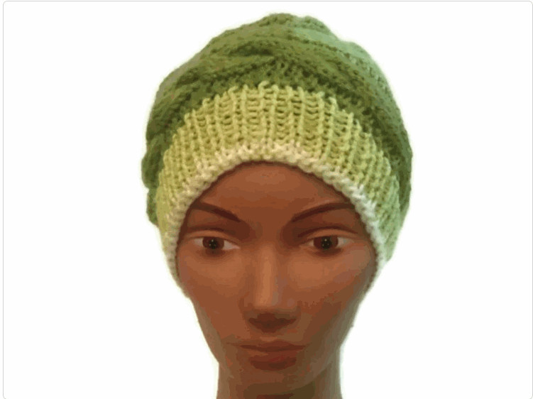 Over Sized Knit Hat With Braids in Green Tones Triangles Design Handmade
