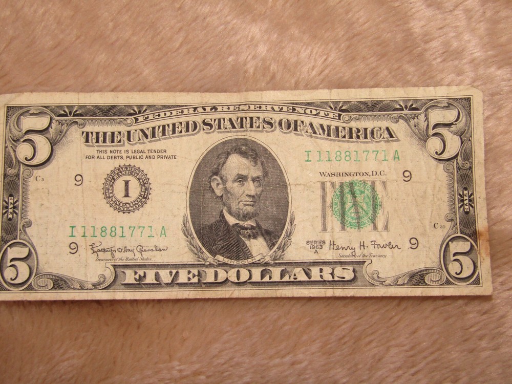 1963 $5 bill offcut with printing error