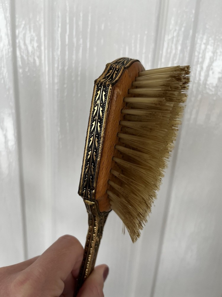 Vintage Embroidered Scroll Work Hand Held Vanity Mirror & Brush Set Gold Tone