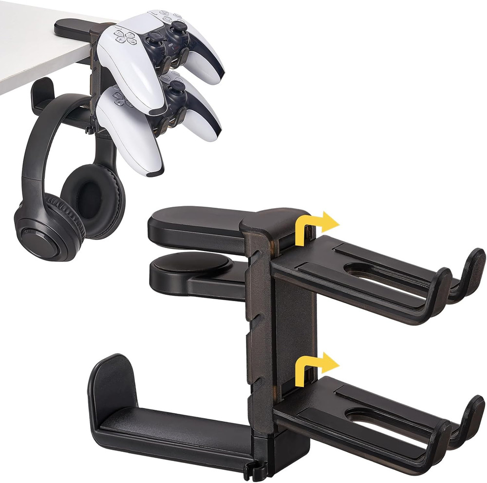 3 in 1 Under Desk Headphone Hanger Adjustable Clamp Controller Slots Black