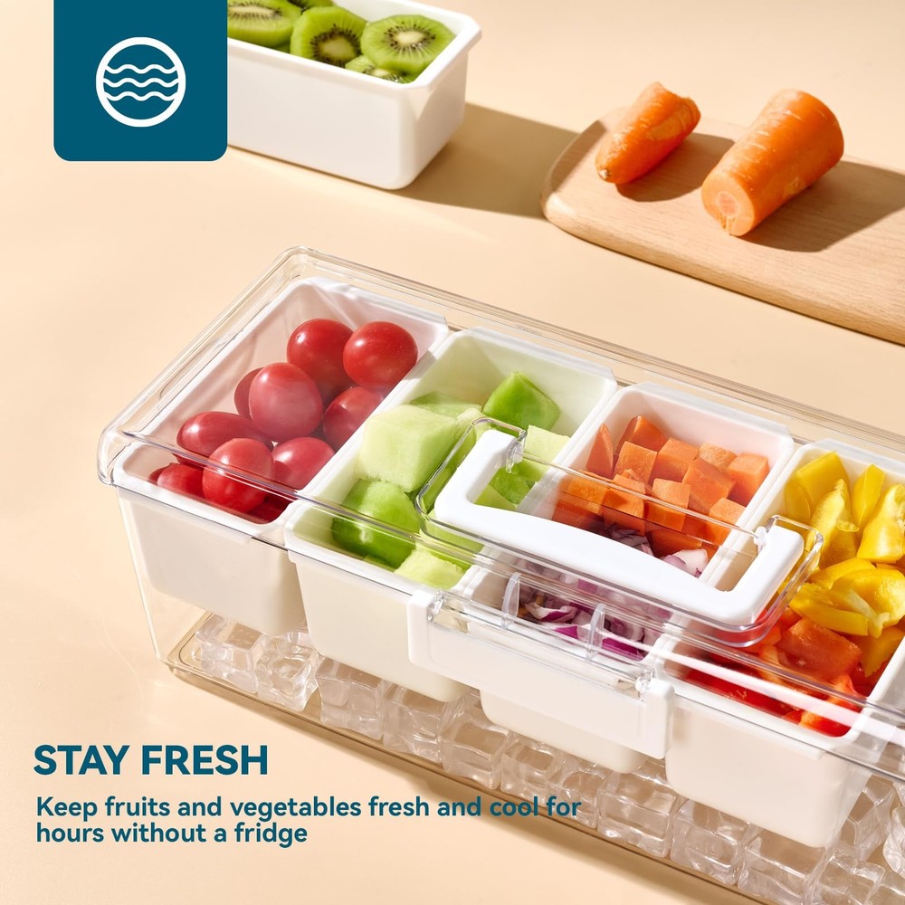 Luckore Chilled Condiment Caddy Server with 5 Removable 1 Pack, Clear, White