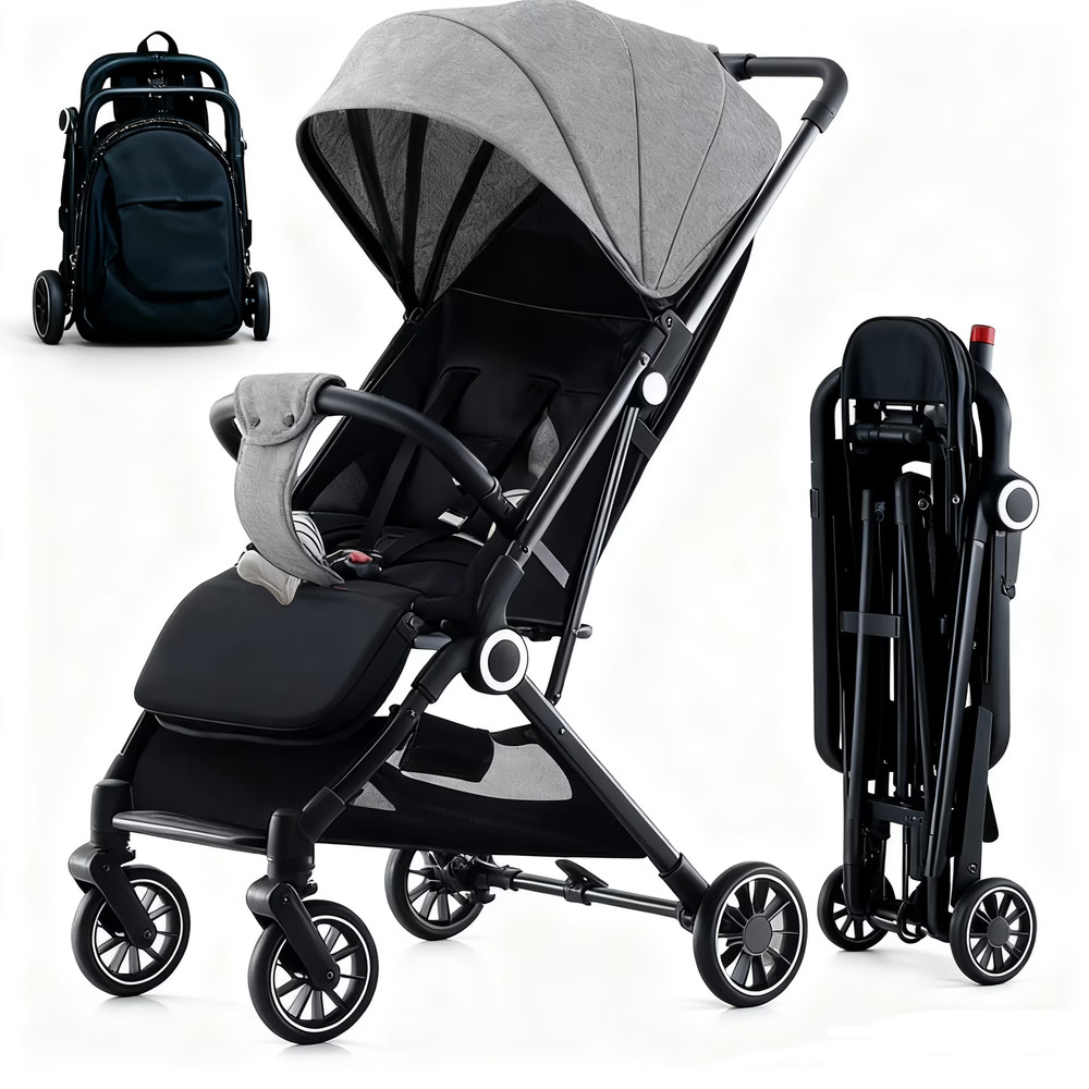 Foldable Baby Travel Stroller  Harness Adjustable Backrest Canopy,Storage Basket
