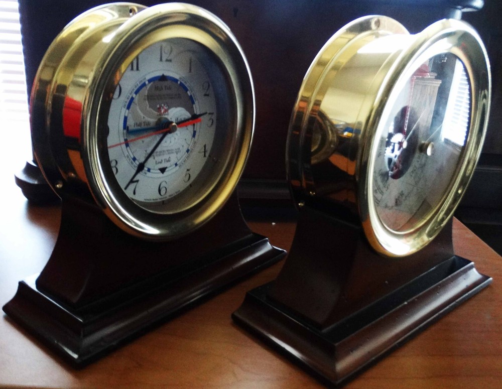 Maritime Brass Ships Clock & Barometer on Wood Stands