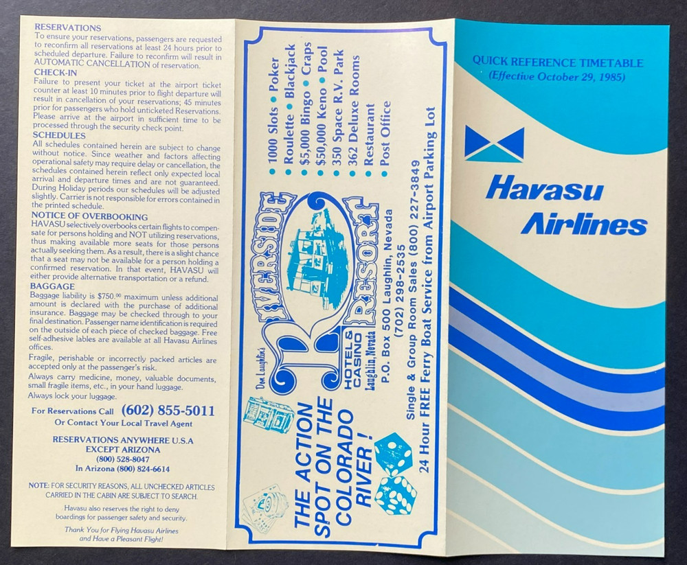 Havasu Airlines Timetable Effective October 29, 1985