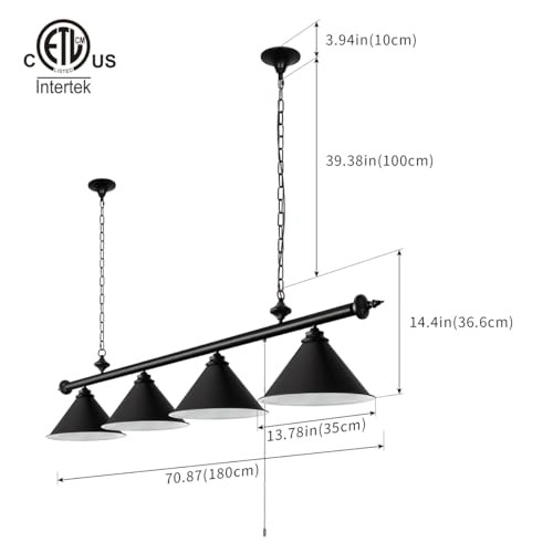 71in Billiard Pool Table Light with Pull Chain Switch on Pendant 4-Light Black