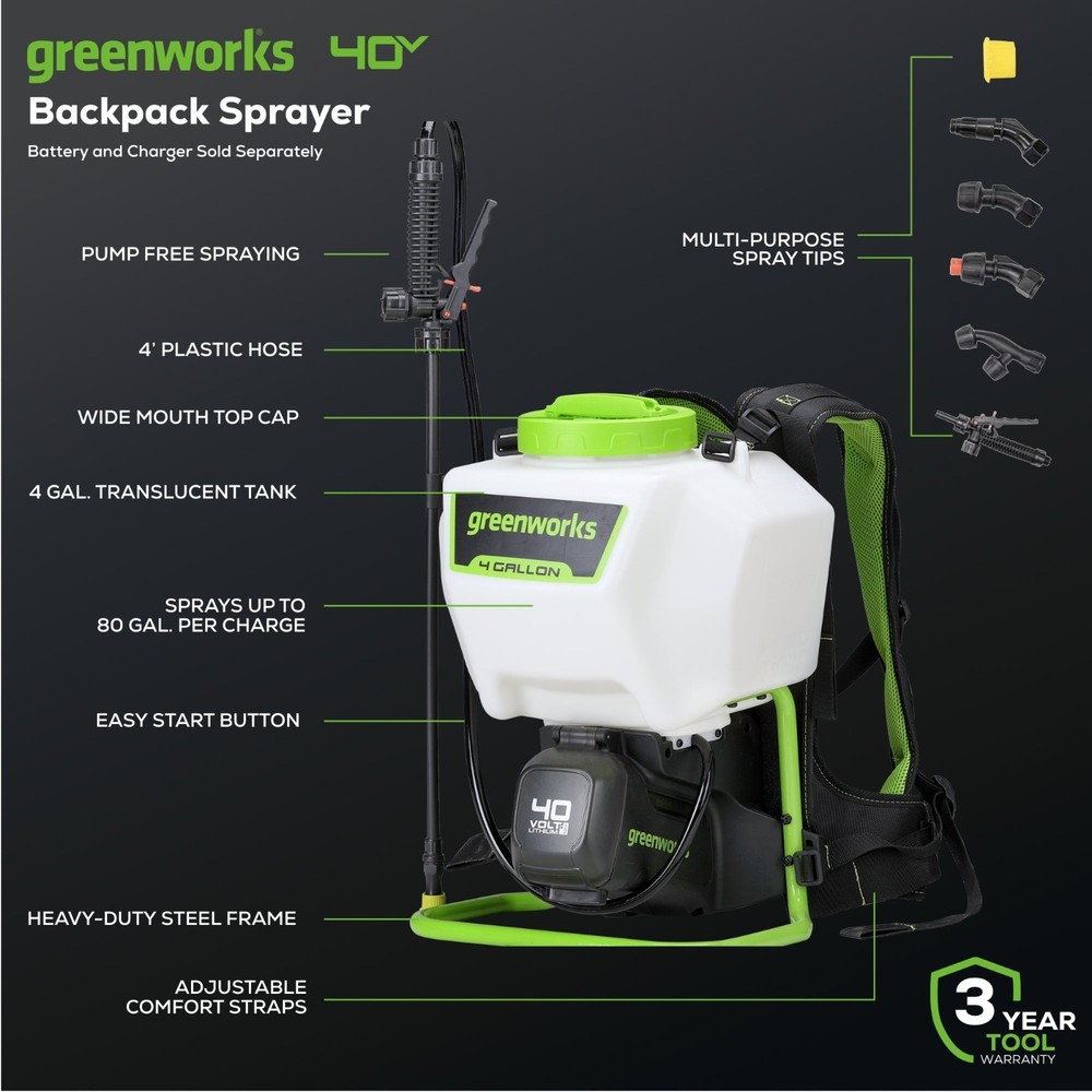 Greenworks 40V 4 Gallon Cordless Backpack Sprayer, Tool Only