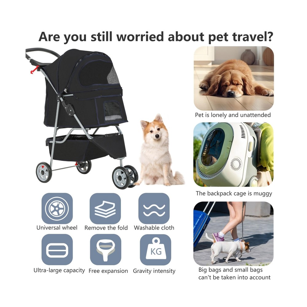 FDW Pet Stroller Foldable Dog Stroller 3-Wheel Durable Cat Jogger Stroller fo...