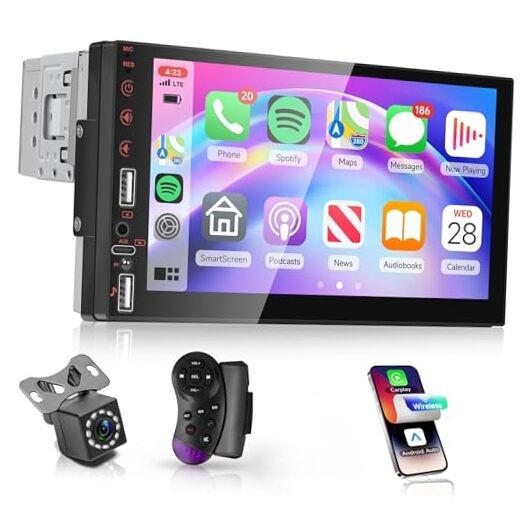 Car Stereo Single Din Wireless Carplay Android Auto 7'' Touch Screen,  2-USB