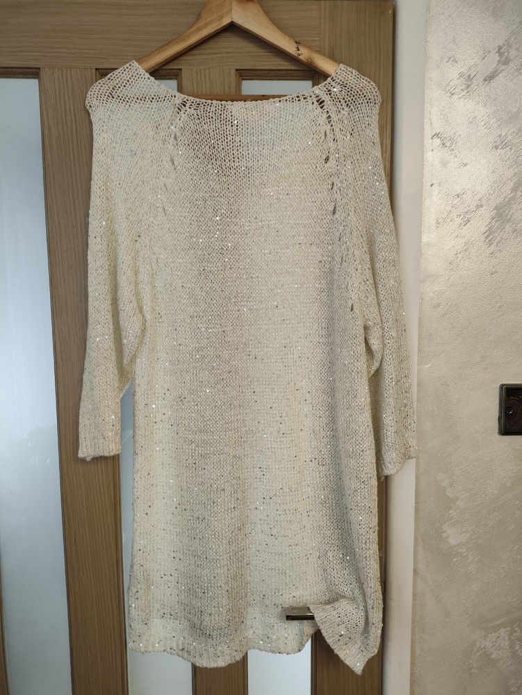 BHS Womens Jumper Pullover Size 20 White Silver Sequin Casual 3/4 Sleeve Knit