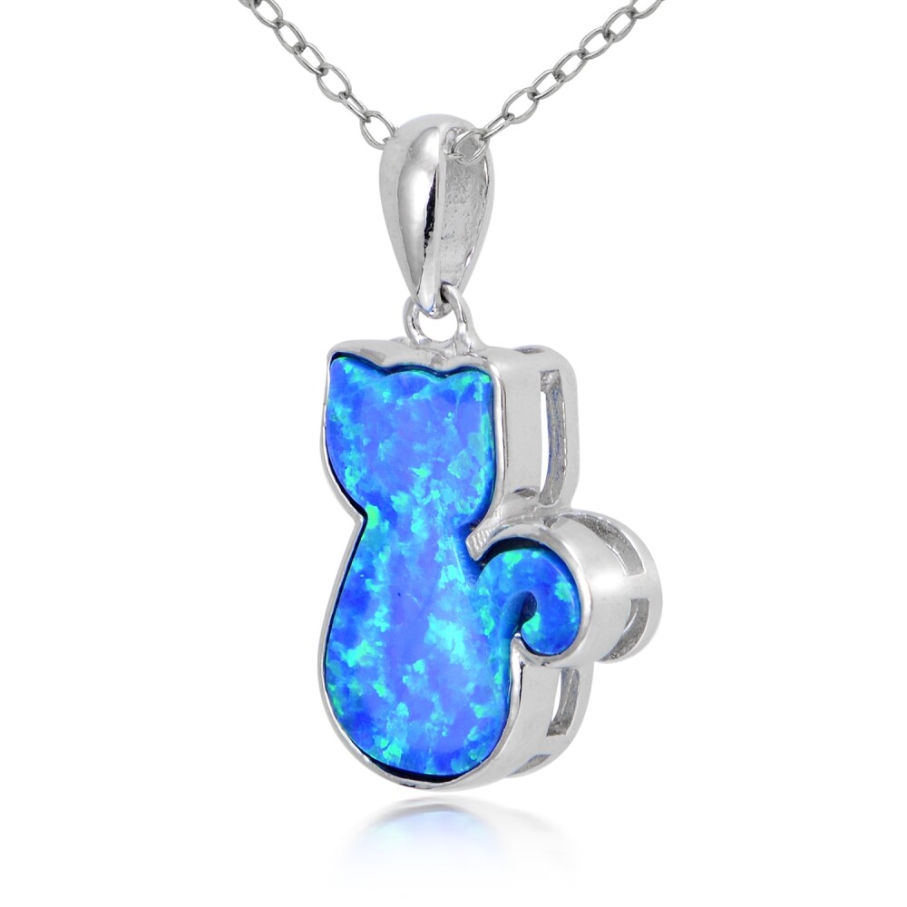 Sterling Silver Created Blue Opal Cat Necklace
