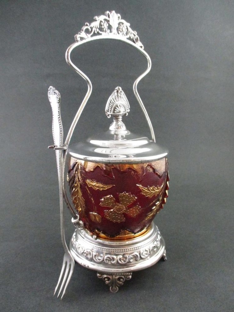 DELAWARE eapg Ruby Stained JAR - Antique PICKLE CASTOR - 7" long FORK