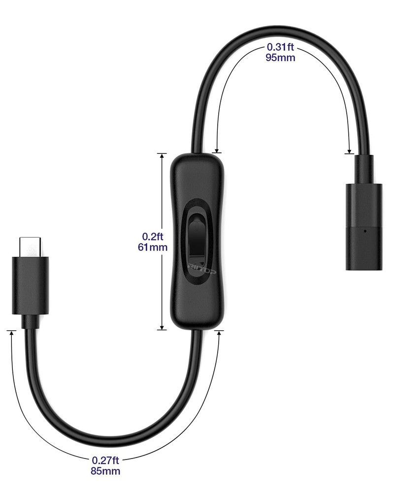 USB Type-C Extension Cable with On Off Switch 1FT, Support Video/Data/Charging
