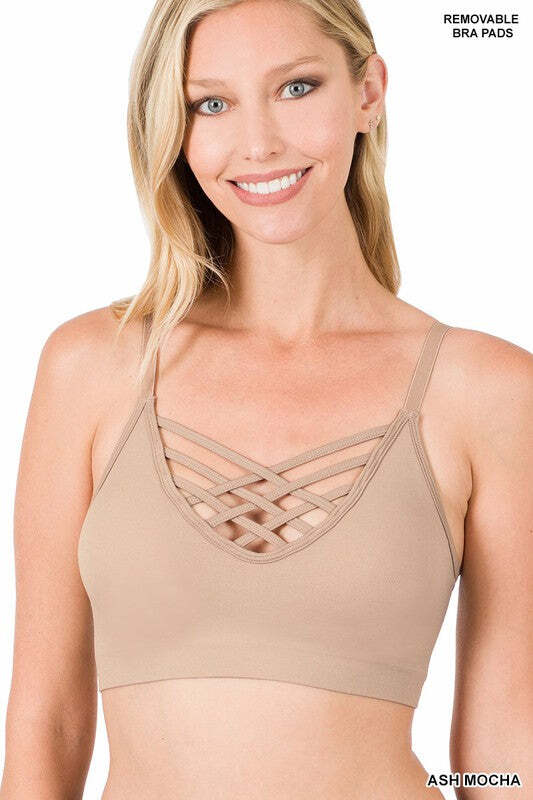 FRONT V-LATTICE BRALETTE WITH REMOVABLE BRA PADS