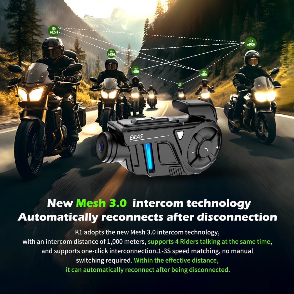 Auto Reconnect Motorcycle Bluetooth Intercom Headset Camera Recorder Waterproof