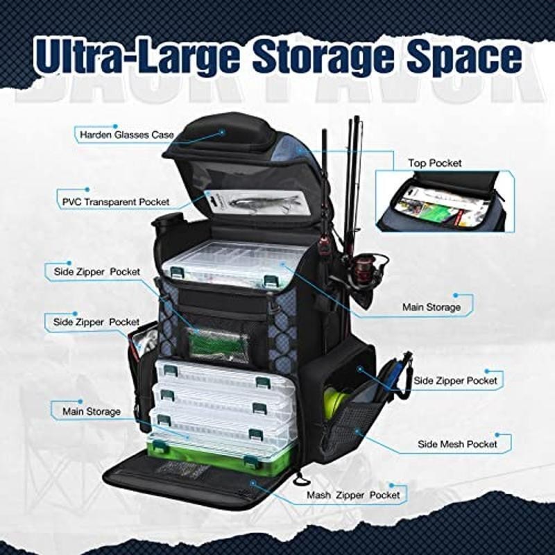 Fishing Tackle Backpack W/ Rod Holders Large Storage Comfortable Design Durable