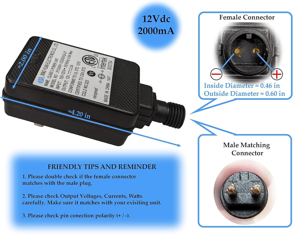 Replacement Yard Inflatable Adapter, 12V 1A 60Hz Class 2 Power Supply Adapter