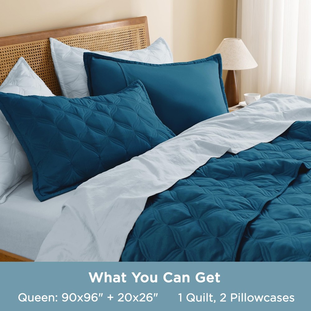 Litanika Queen Size Quilt Bedding Set Teal Lightweight Comforter Bedspread 3-Pie