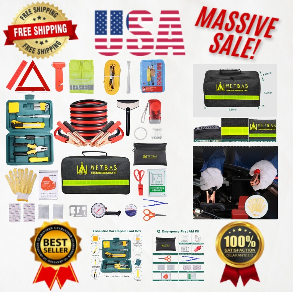 Complete Roadside Emergency Assistance Kit with Easy Carry Bag and Repair Tools