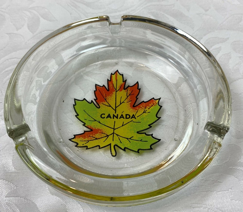 Canada Clear Glass Ashtray with Leaf Graphics CANADA 4.5" Diameter #21H