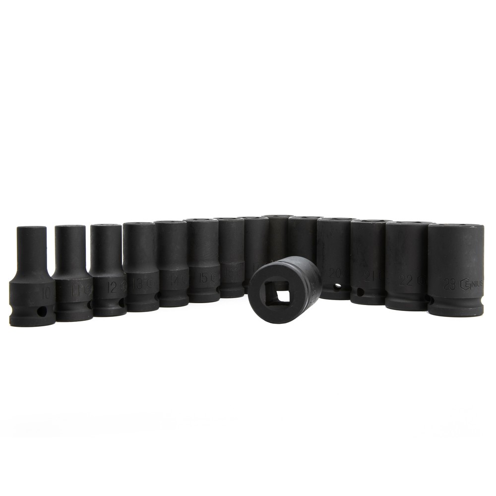 Genius Tools 15 Piece 1/2" Dr. Metric Semi-Deep Thin Wall Impact Socket Set (...