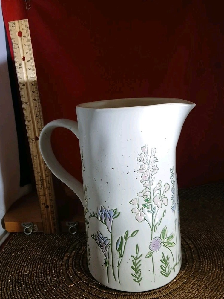 Discontinued Homestylez Stoneware Pitcher Embossed "Spring Pressed Botanicals"