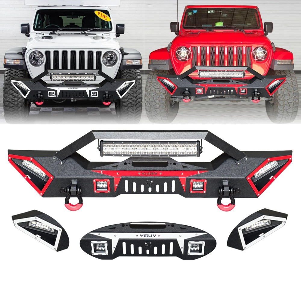 Front Bumper Black for Wrangler Gladiator Winch Plate D-Rings Lights