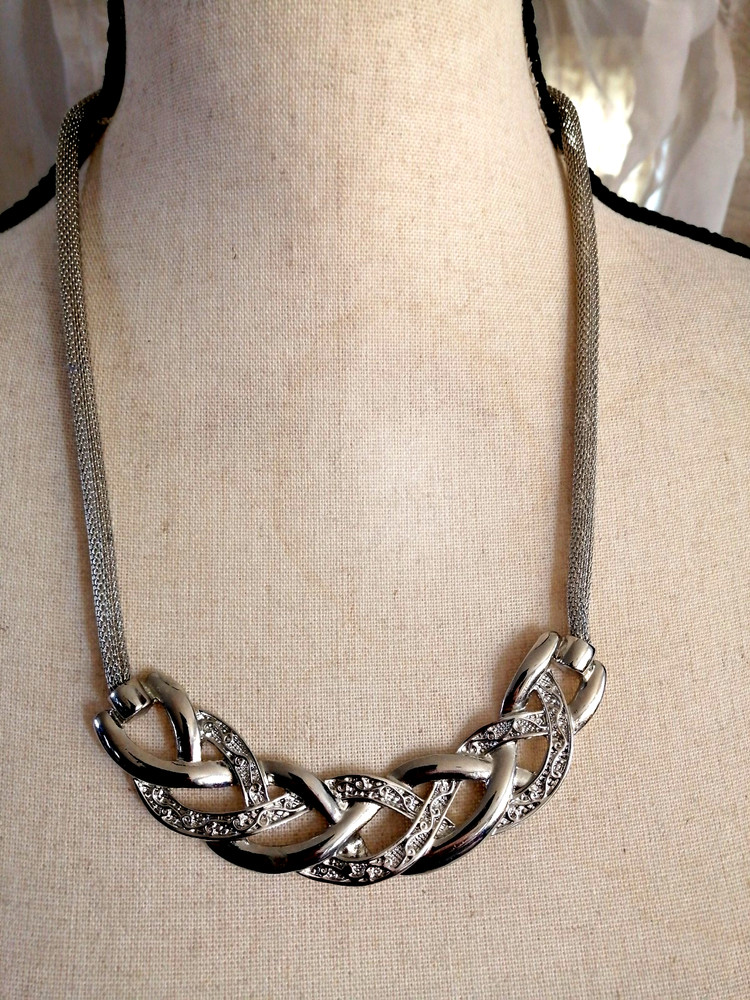 VTG Engraved Braided Panel Statement Necklace Silver Tone Mesh Chain Collar Men