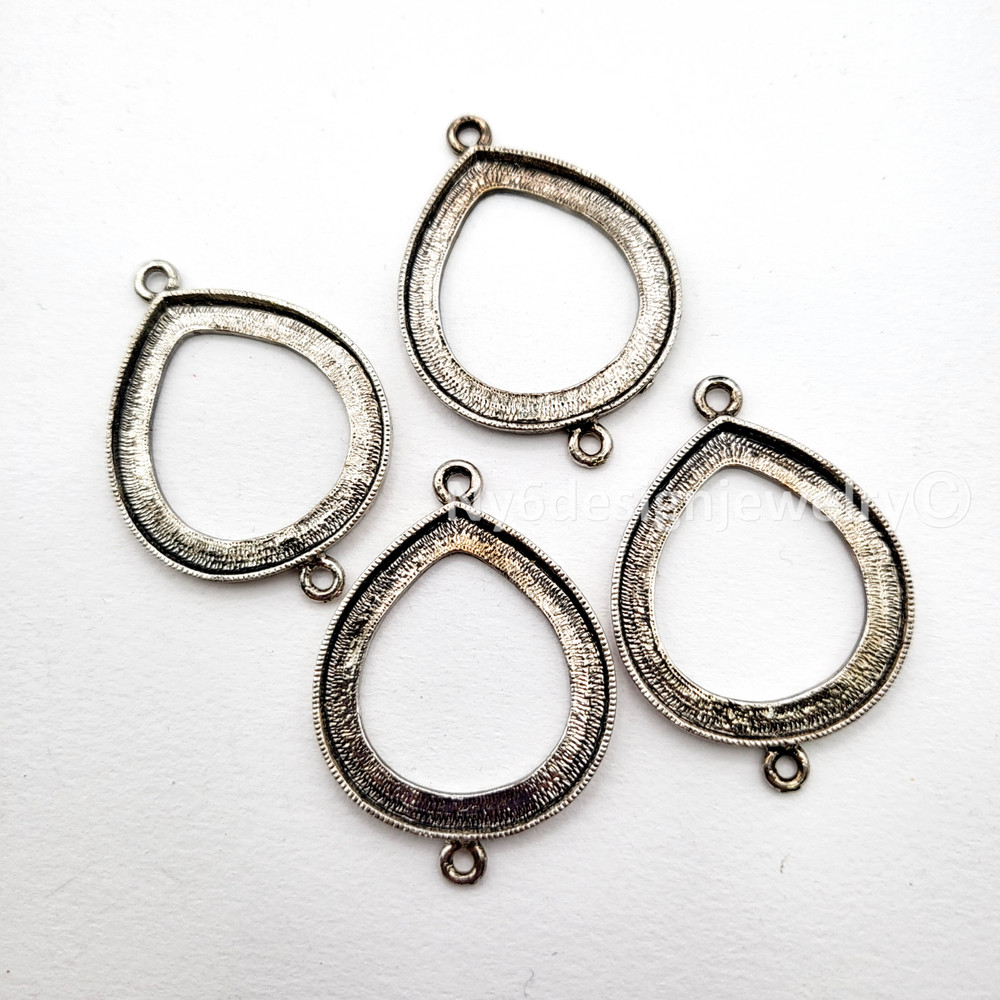 Antique Silver Plated Open Back Oval Teardrop Cabochon Setting Connector 42x30mm
