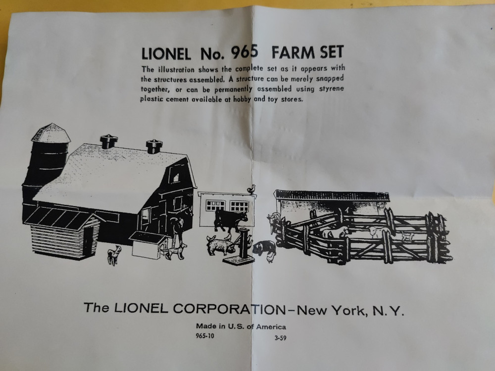 Lionel 965 Farm Set  Instructions Dated 3/59