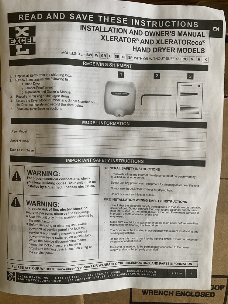 EXCEL ELECTRIC HAND DRYER - MODEL - EX-SB-ECO - NEW IN BOX