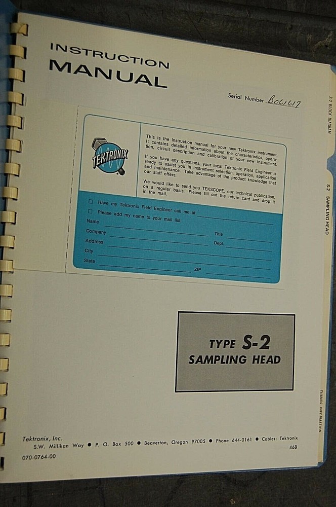 Tektronix Type S-2 Sampling Head 070-0764-00 Instruction Manual