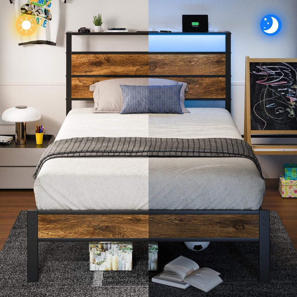 Twin Bed Frame with Storage Headboard USB Charging Station, Smart LED Lights,...