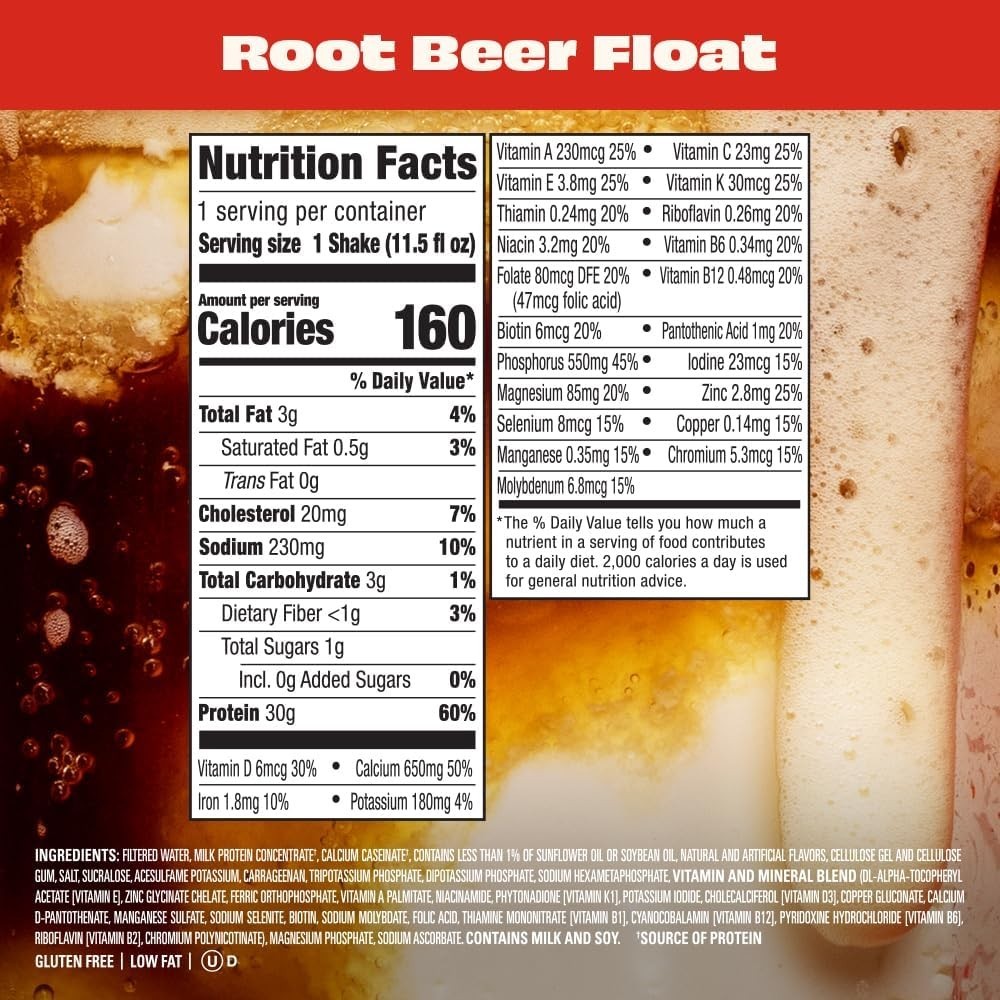 Protein Shake Root Beer Float 30g Protein Sugar Free 11.5oz 12 Pack Ready Drinks