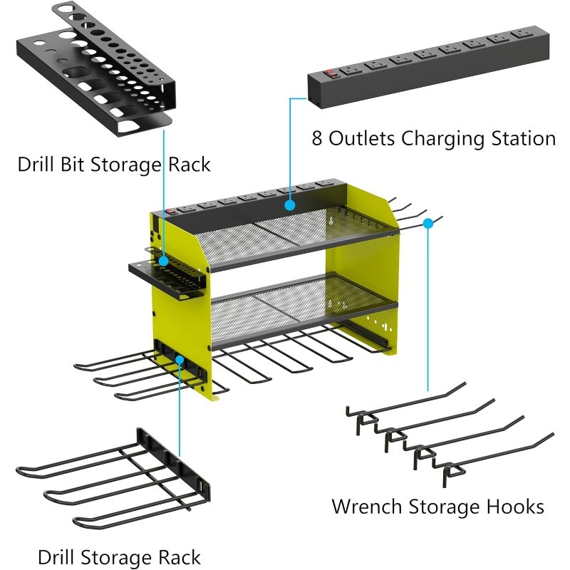 Wall Mount Drill Storage Rack with Charging Station Power Tool Organizer Drill