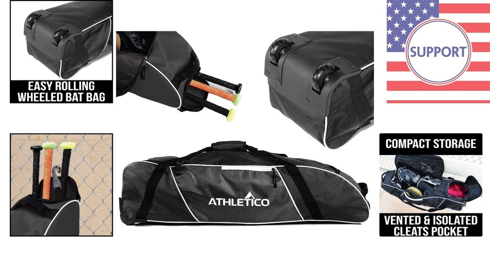 Large Rolling Black Baseball Bag with Ventilated Shoe Compartment & Pockets