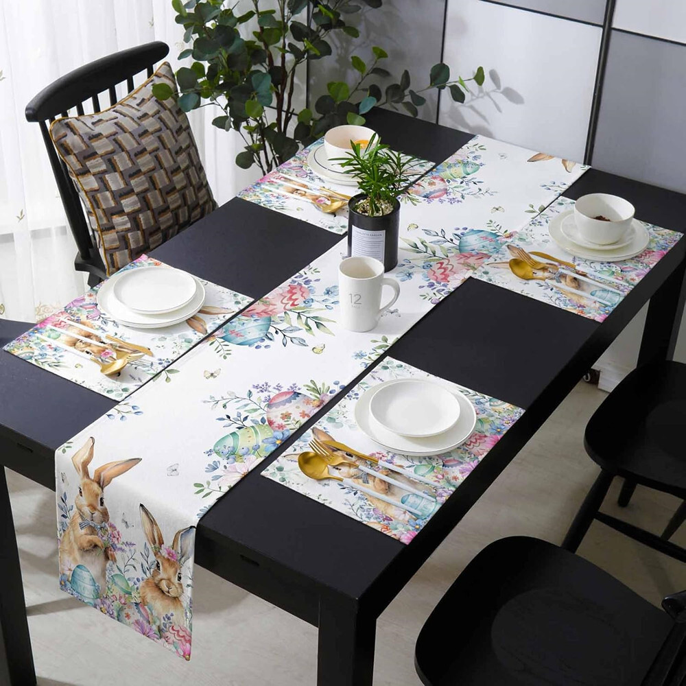 1 PC Easter Table Flag Bunny Eggs Long Eucalyptus Leaf Print Table Runner