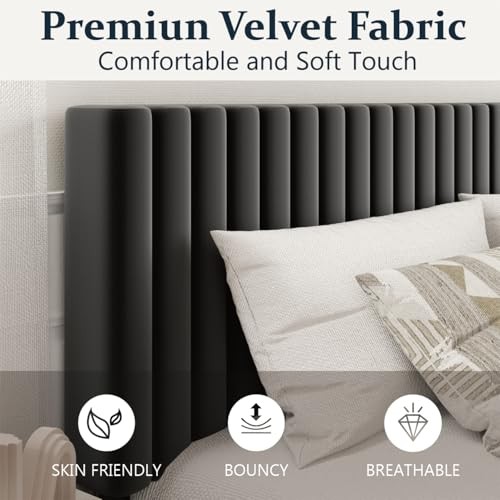 Size Platform Bed Frame with Velvet Upholstered Headboard Bed Frame Full Black