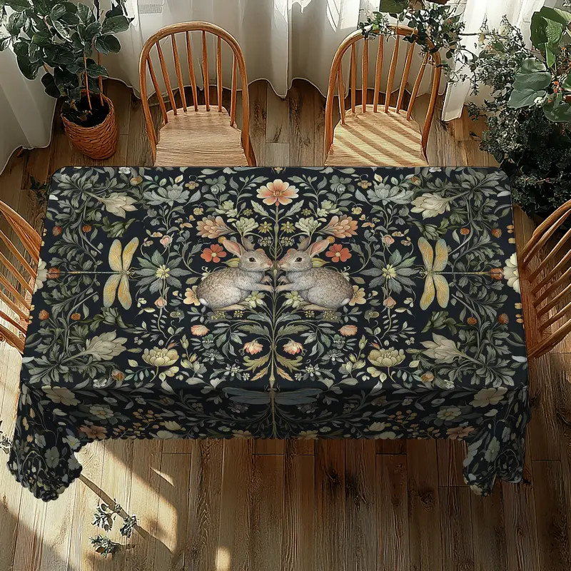 Rustic Rectangular Tablecloth Black Bunny Floral Washable 60 x 84 Inches