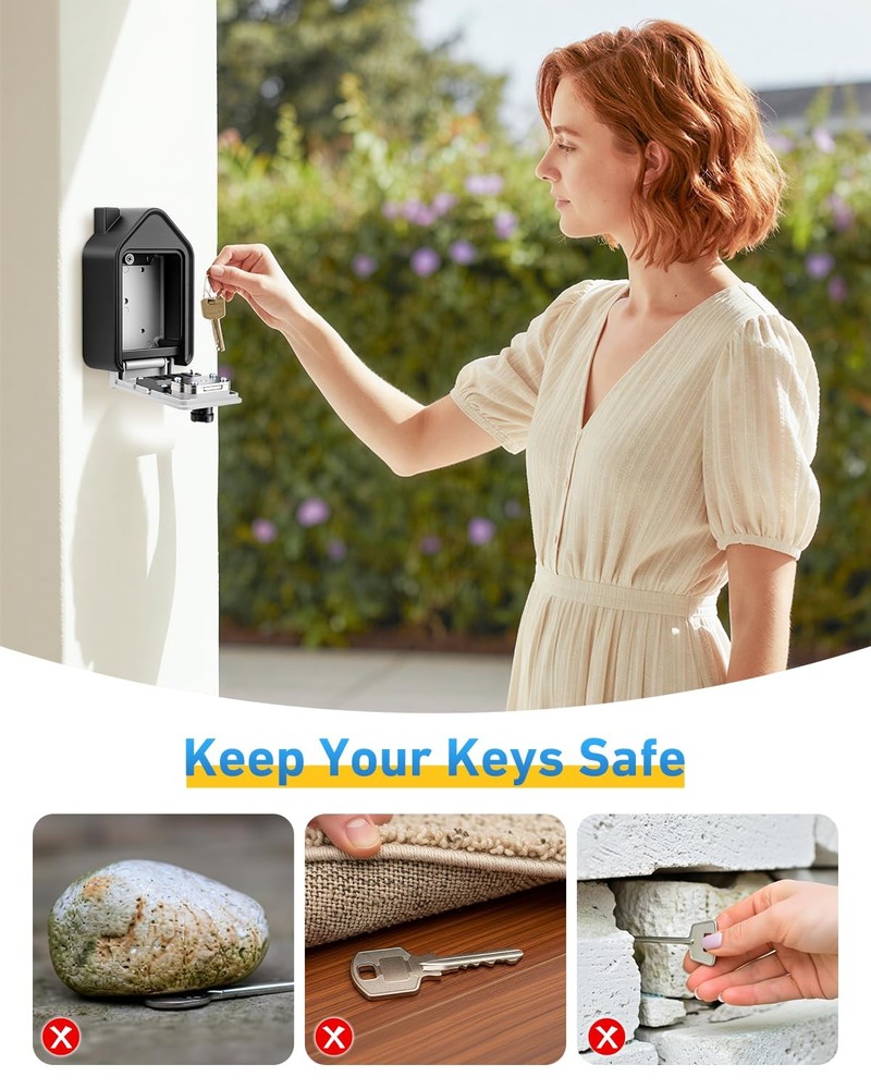 Wall Mounted Lock Box, Large Key Lock Box with Key, 4-Digit Combination Lock,...