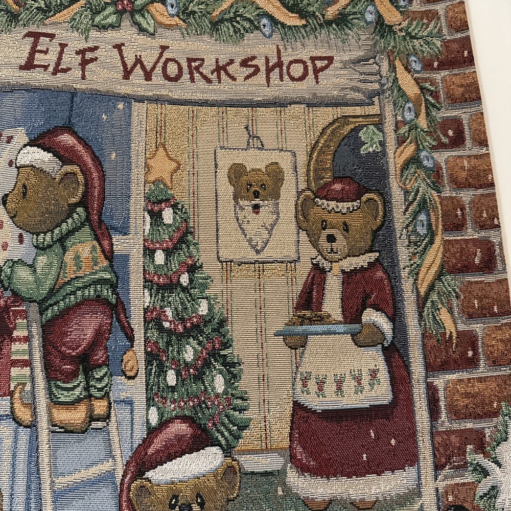 Vintage Christmas Bear Elf Workshop Tapestry Wall Hanging