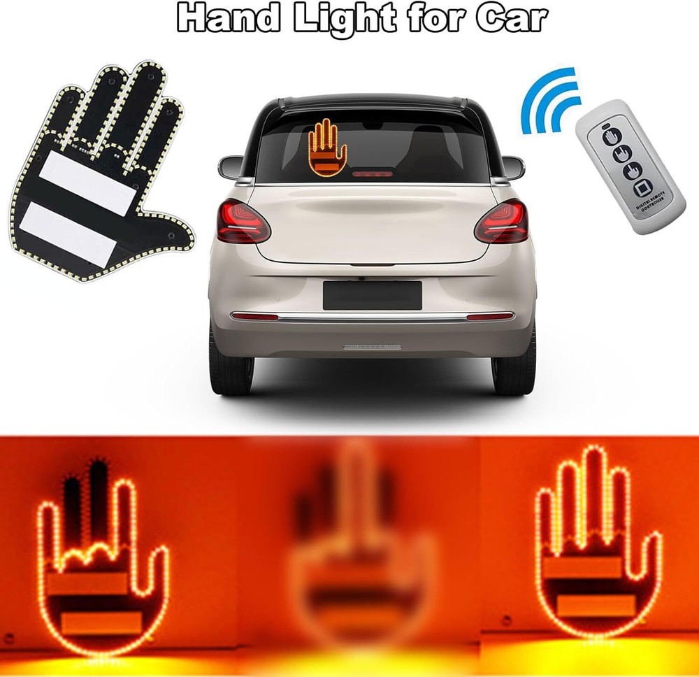 Amber LED Middle Finger Light Hand Finger Gesture Light w/Remote Car Signs-Light