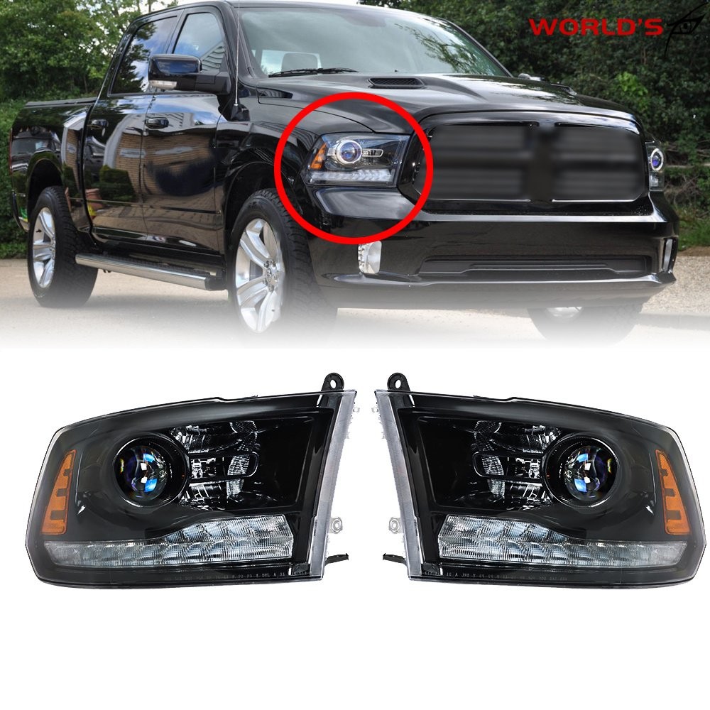 Headlight For Dodge Ram 2013-2018 Halogen w/LED DRL Black Frame Right&Left Pair