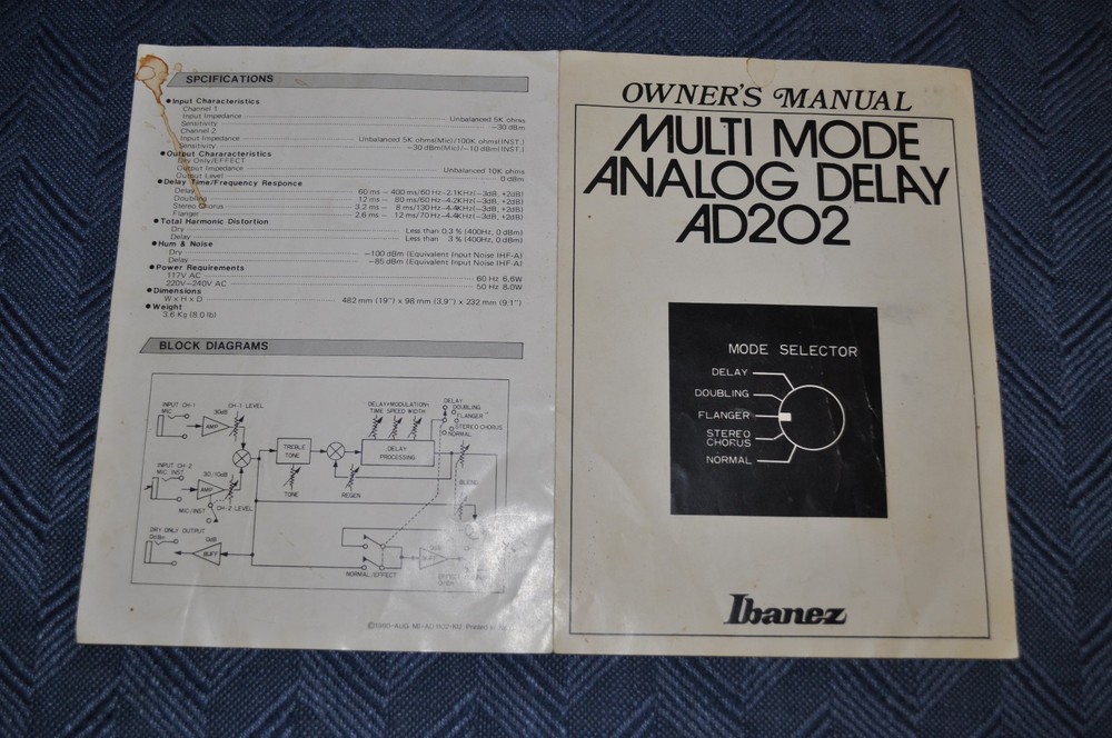 IBANEZ Multi Mode Analog Delay Phase Shift AD202 Rack Mount Studio Gear Manual