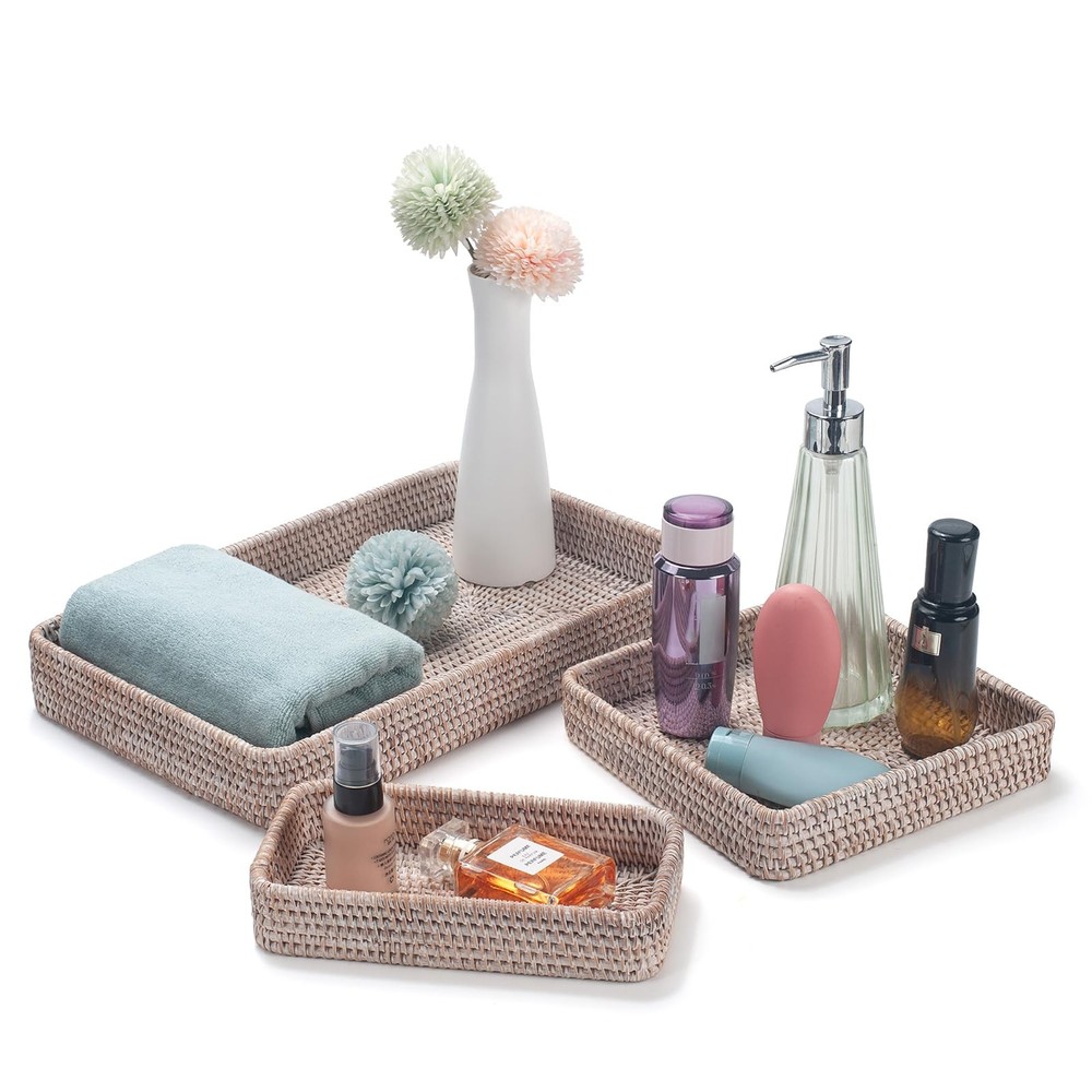 Rattan Serving Tray Set - Rectangular Woven Wicker Decorative Baskets