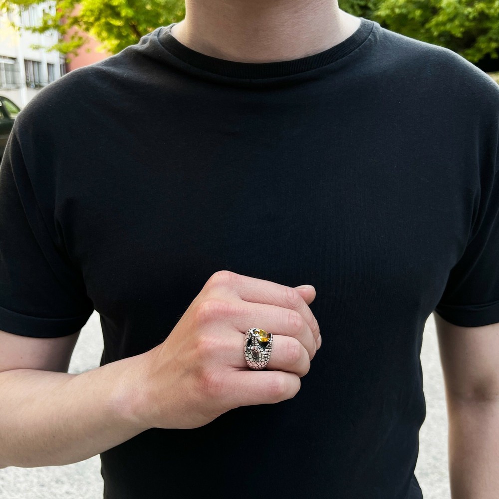 Solid 925 Sterling Silver Citrine Stone 3D Snake Design Men's Ring