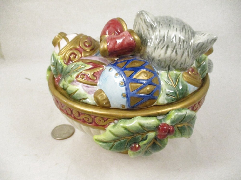 Fitz &; Floyd Essentials Christmas Kitty Cat Sleeping Fitted Lidded Candy Dish F
