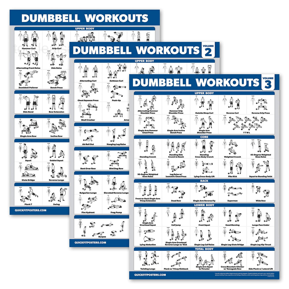 3 Pack - Dumbbell Workout Posters for 18" x 24", LAMINATED