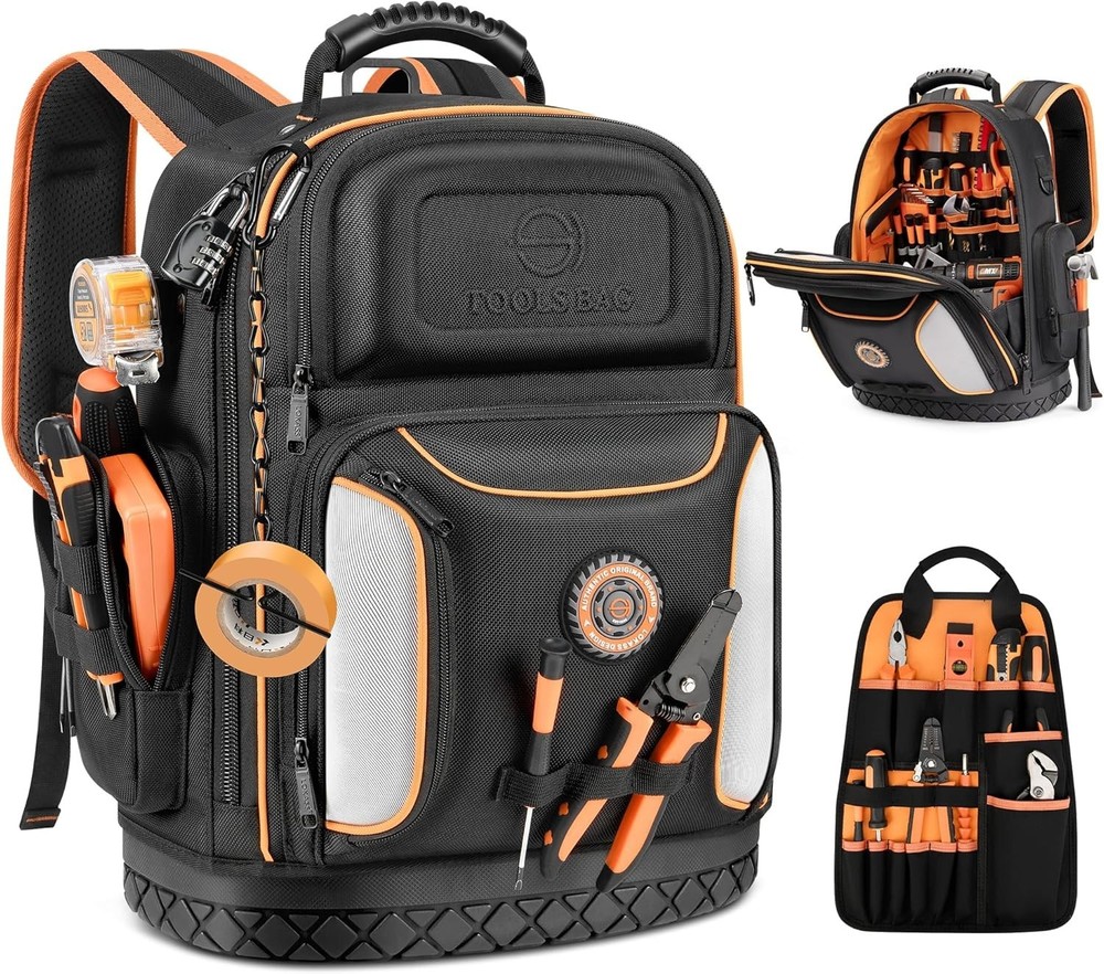 Professional Tool Backpack with 75 Pockets & Pull-Out Storage - Black & Orange
